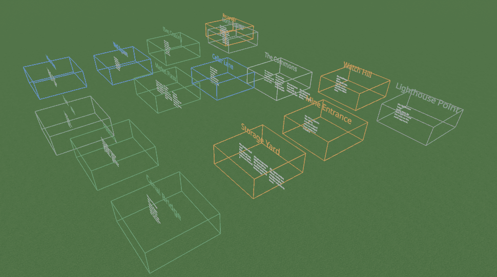 라이브 SPACE0 월드 위에 그려진 spatial memory region들의 와이어프레임 뷰.