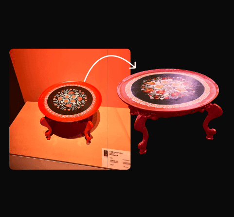 Side by side: a traditional lacquered table photographed in a museum, and the generated 3D model of it.