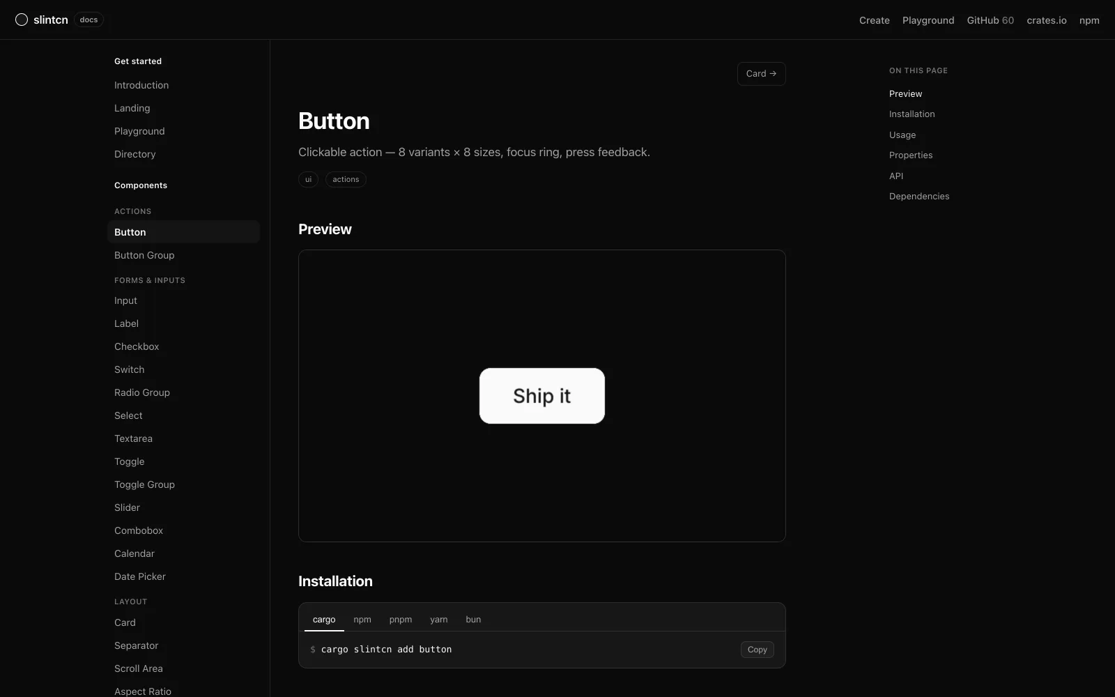 라이브 WASM 미리보기와 cargo 및 npm 설치 탭이 있는 slintcn Button 컴포넌트 페이지.
